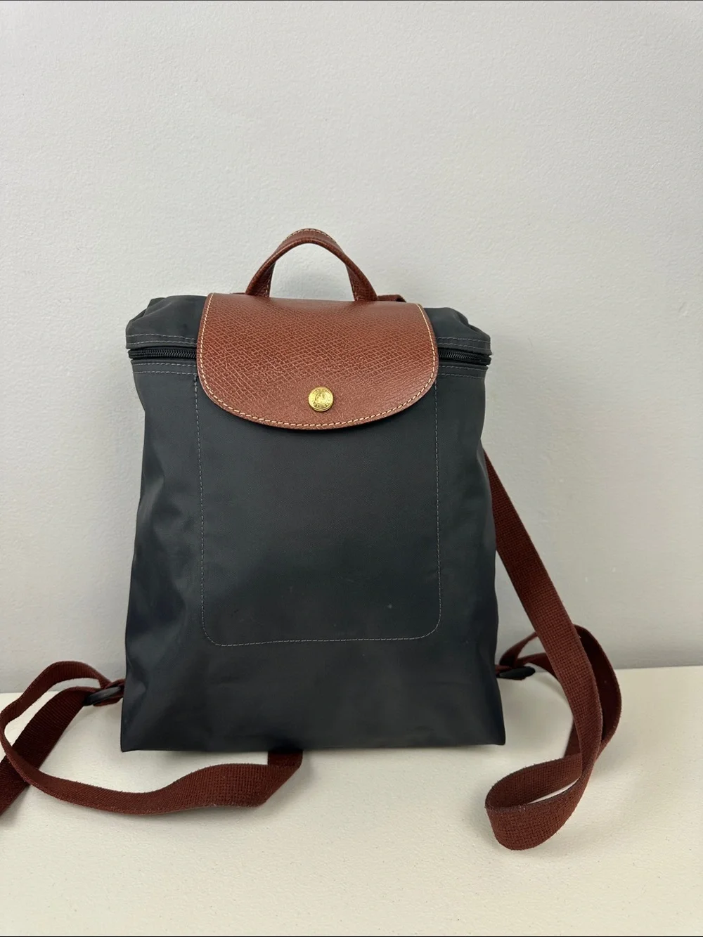 Longchamp Le Pliage Large Nylon Backpack in Storm Grey/Brown